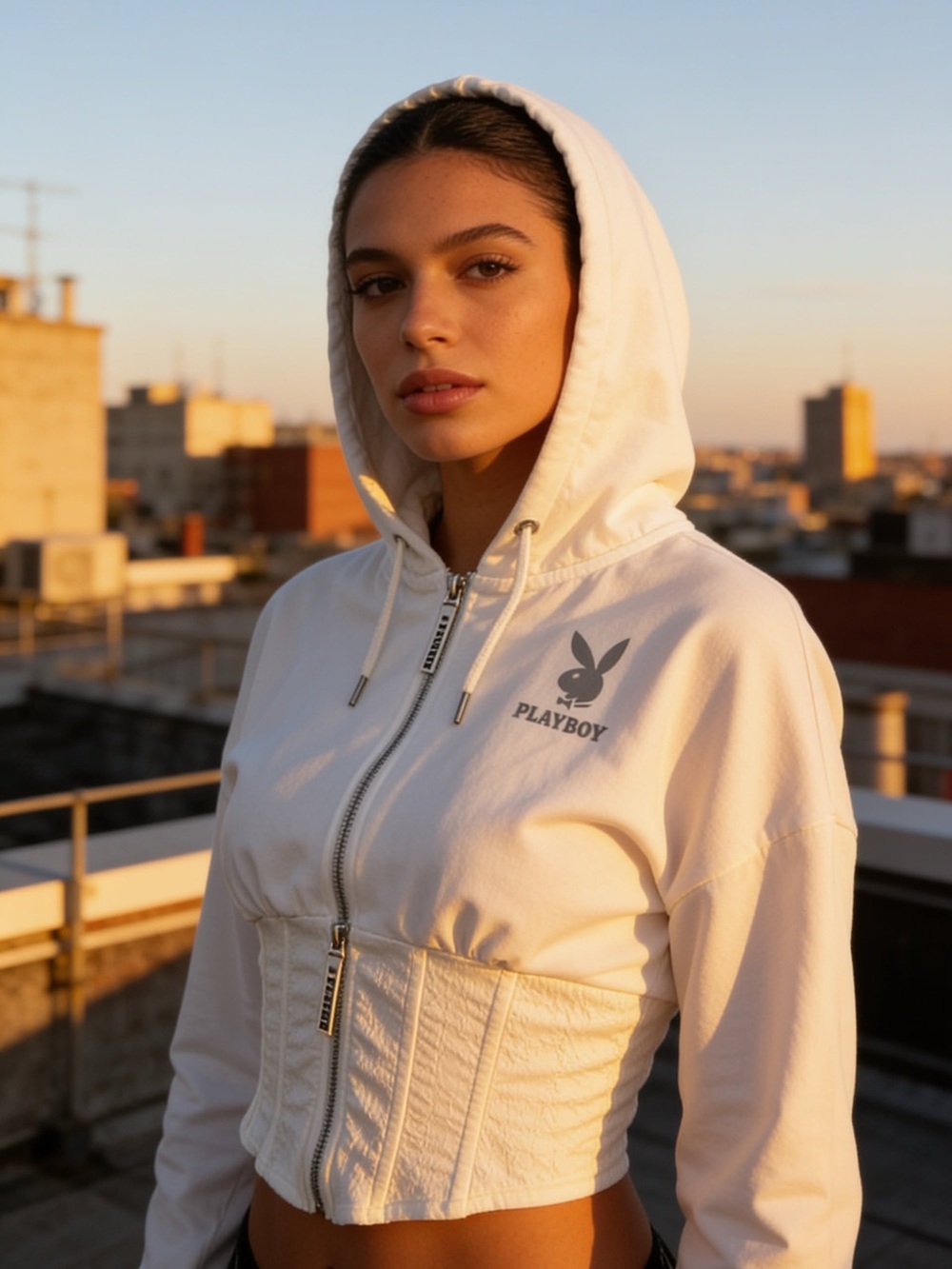 PLAYBOY Cream Zip-Up Cropped Hoodie